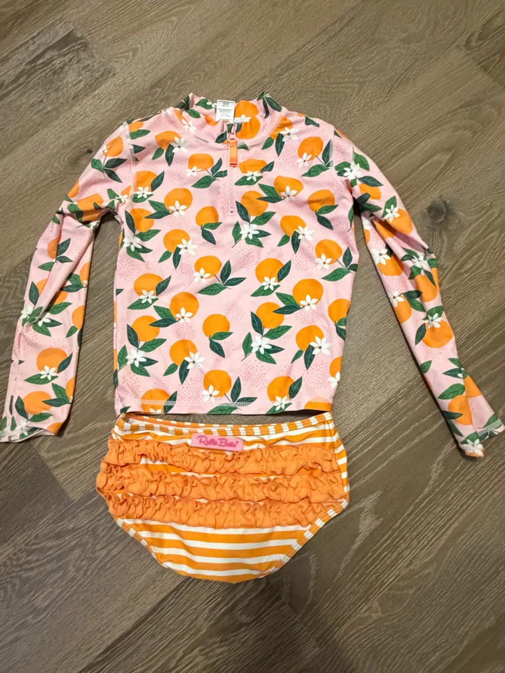 Ruffle Butts Rashguard Set Pink Orange Floral with Striped Bottoms